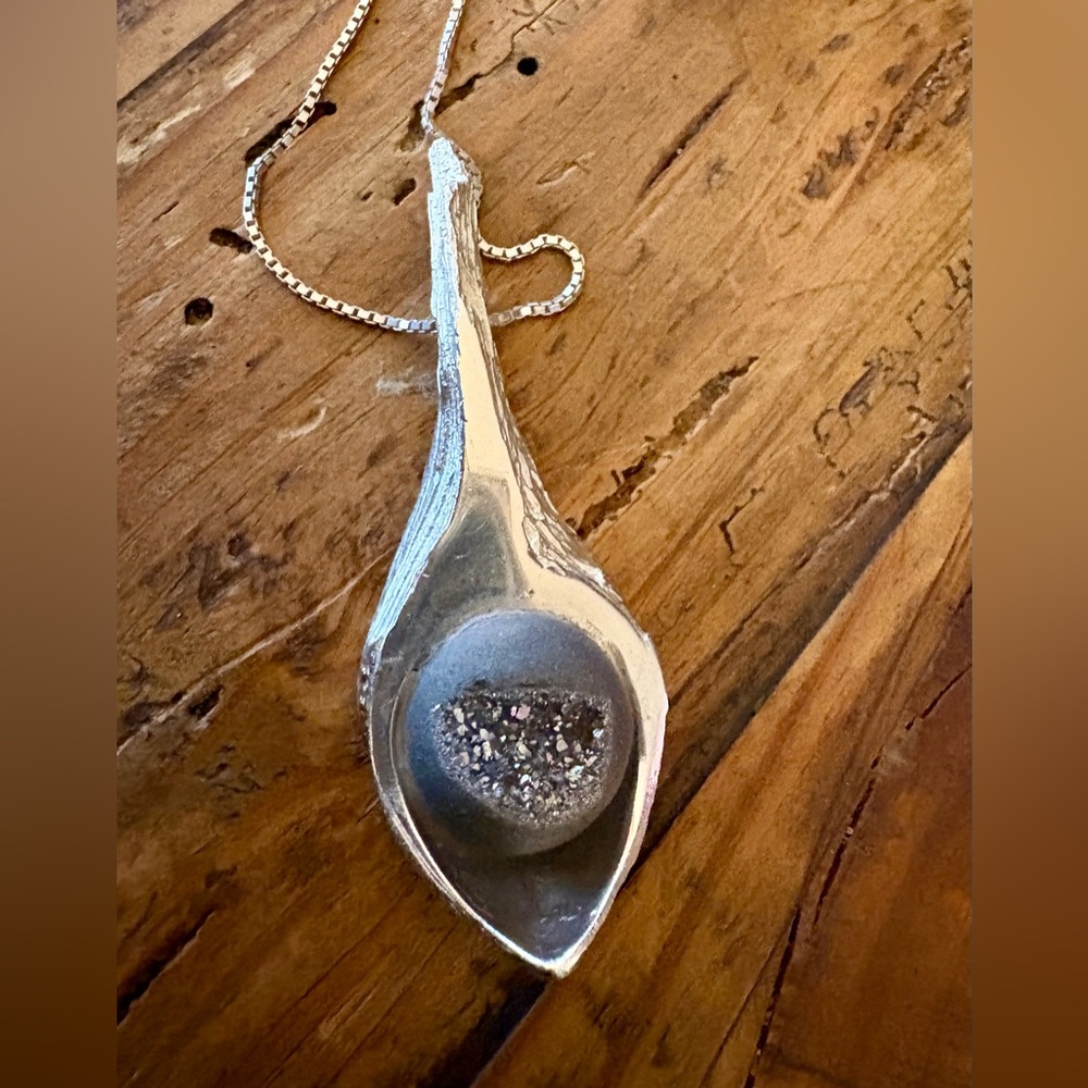 VTG handmade heavy sterling silver modernist pendant with graphite druzy stone